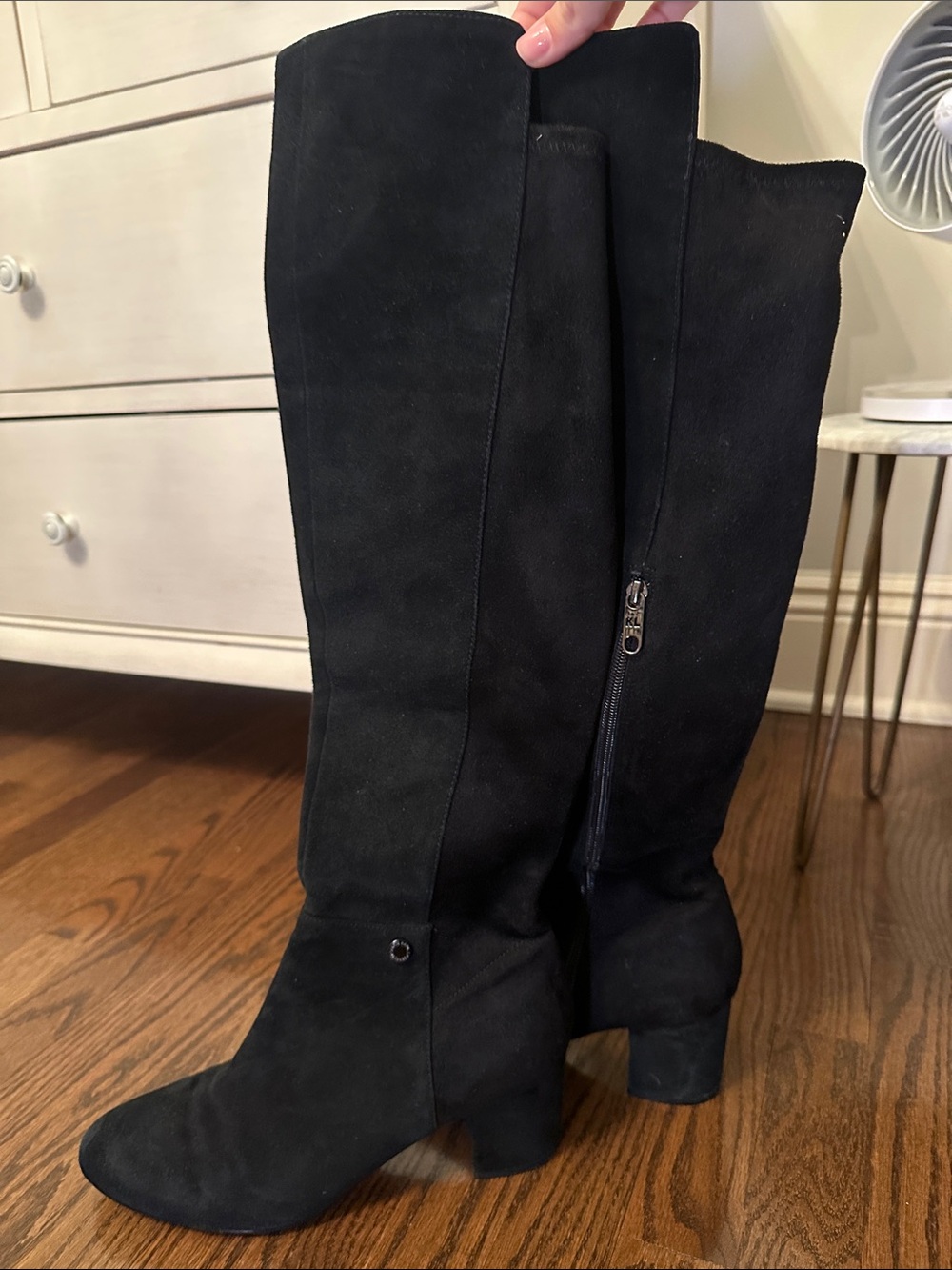 Karl Lagerfeld Black Suede Knee-High Block Heel Boots